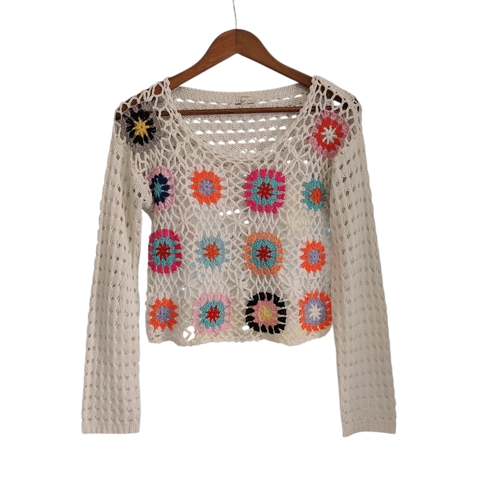 Debut Open Weave White Colorful Knit Cropped Pullover Top Size M Hippie Festival